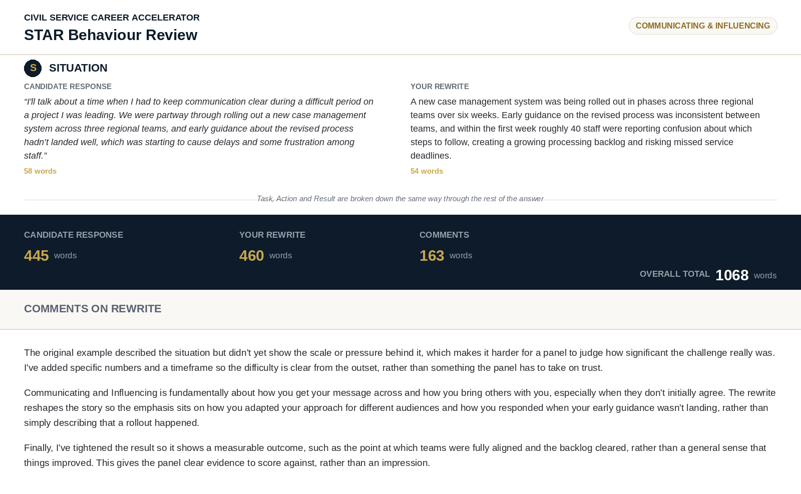 Example of a STAR behaviour rewrite showing candidate response and rewrite side by side, plus detailed comments on the changes